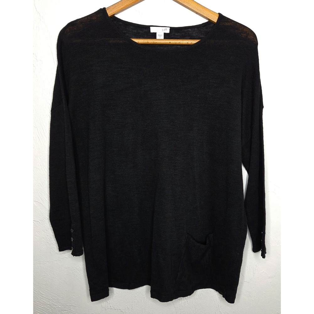J. Jill Women's Size Small Black Linen Cotton Blend Blouse Top 3/4 Sleeve Pocket